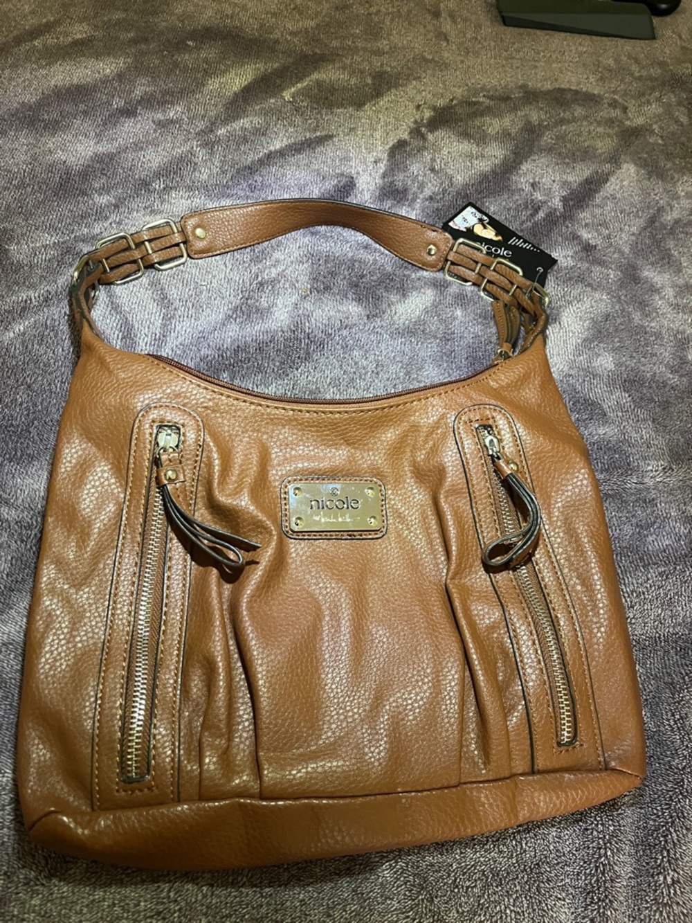 Nicole Miller Whisk Pebbled Faux Leather Shoulder Hobo with Chain-Link Strap
